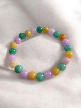 Colorful Jadeite Beaded Stretch Bracelet - Pastel Green, Lavender & Mustard